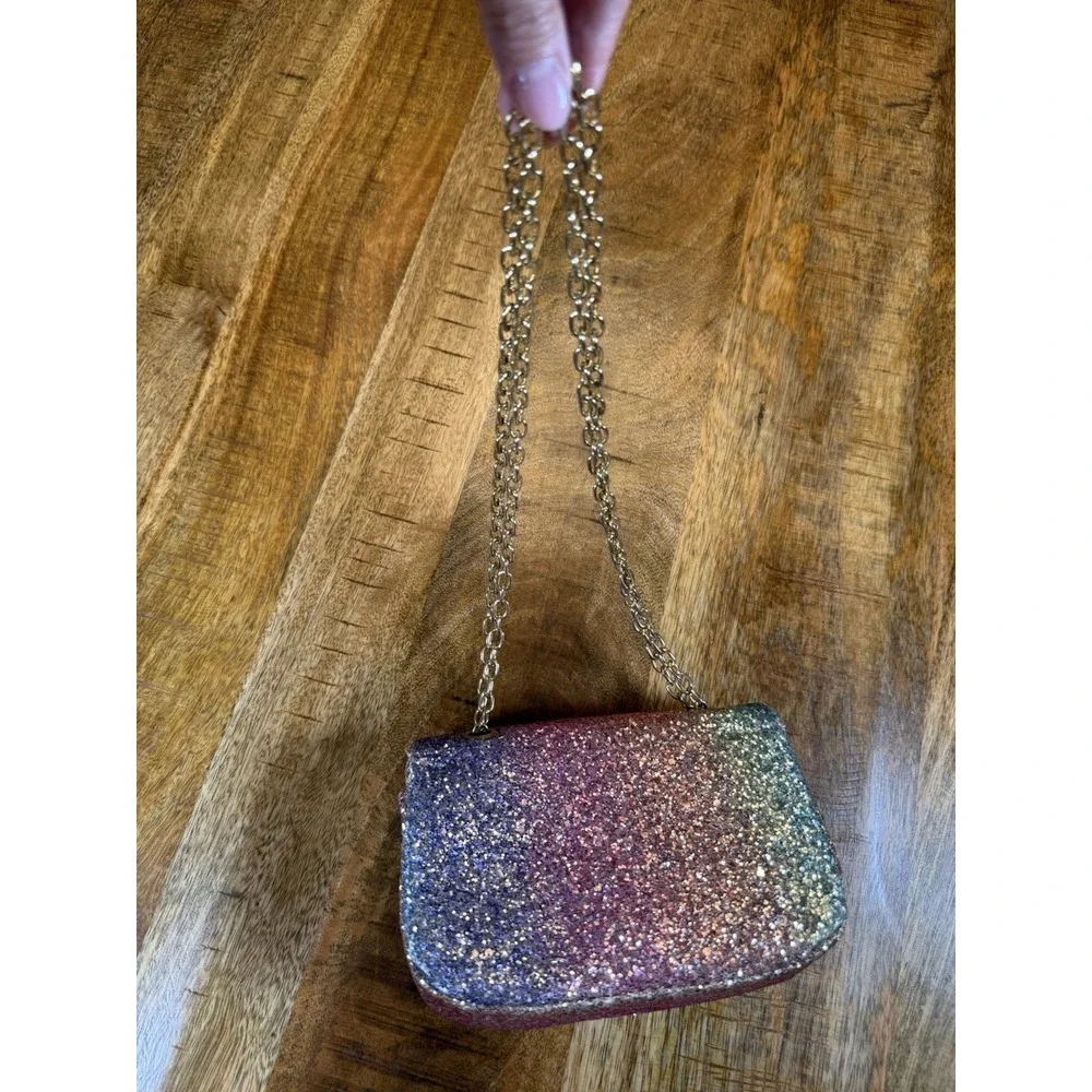 Girls Rainbow Glitter Mini Purse Gold Chain Crossbody Kids Sparkle Handbag